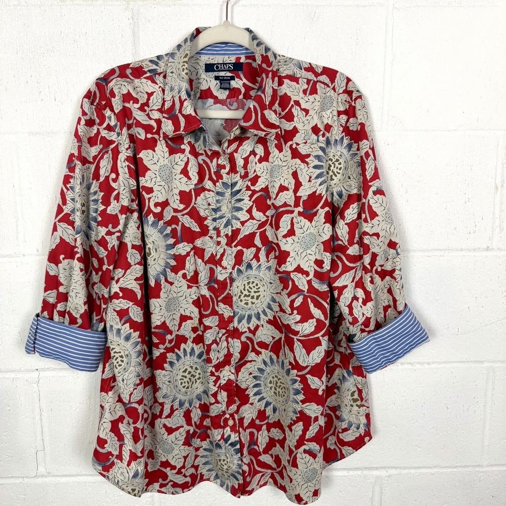 Chaps Women's Floral Button-Up Top Plus Size 2X Red Floral 3/4 Sleeves Preppy